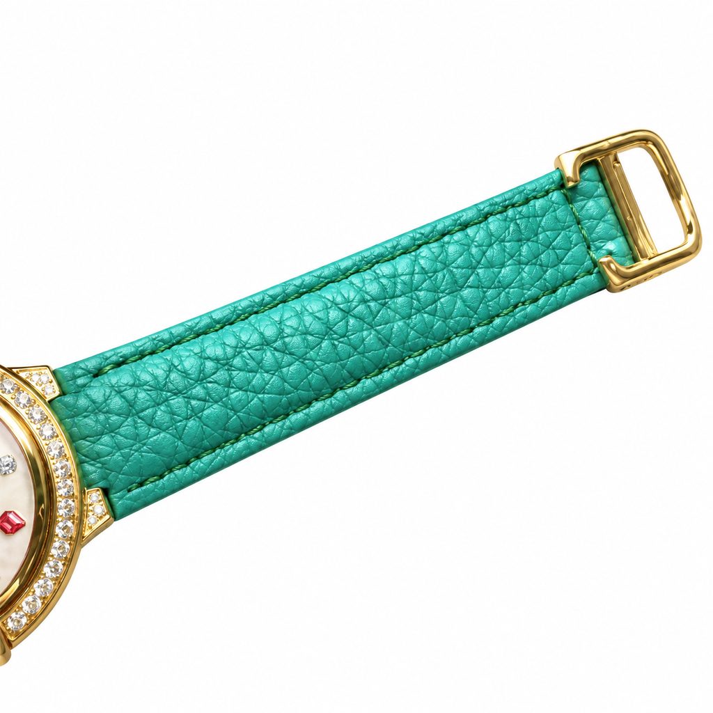 Cartier Ballon Bleu — 18K Yellow Gold, Diamond Bezel, Multicolour Gemstone Dial & Green Leather Strap