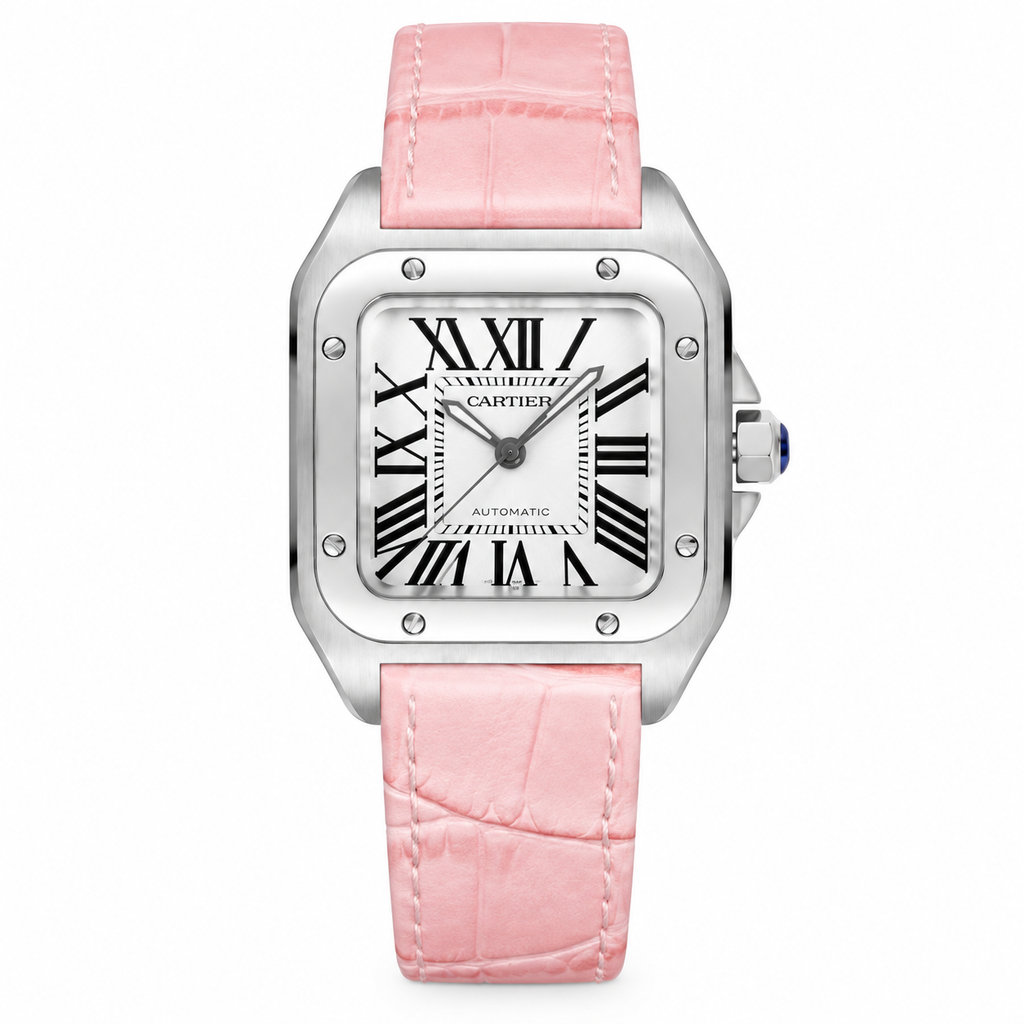Cartier Santos de Cartier Automatic — Steel, White Dial & Pink Alligator Strap