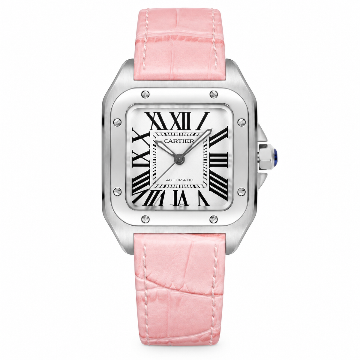 Cartier Santos de Cartier Automatic — Steel, White Dial & Pink Alligator Strap