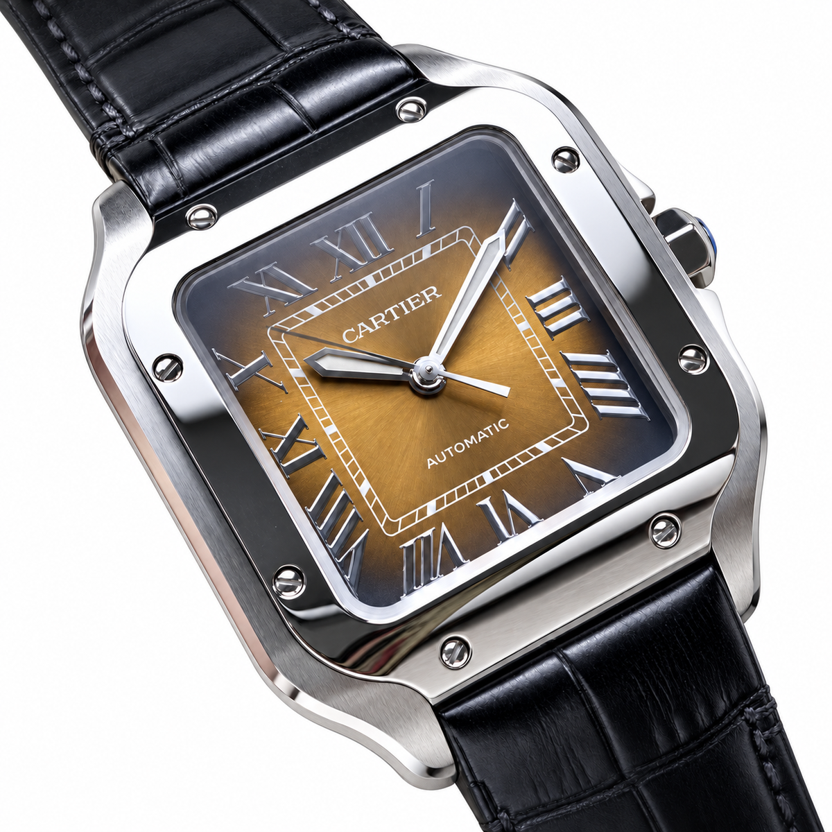 Cartier Santos-Dumont — Steel, Brown Gradient Dial, Roman Numerals & Black Alligator Strap, Quartz