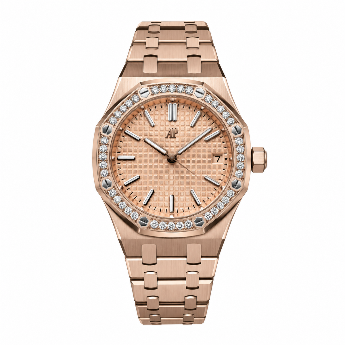 Audemars Piguet Royal Oak Selfwinding 34mm 18K Rose Gold Diamond Pave Bezel Hex Screws Pink Gold Petite Tapisserie Dial Rose Gold Indexes Hands AP Monogram Date Integrated Bracelet Ladies