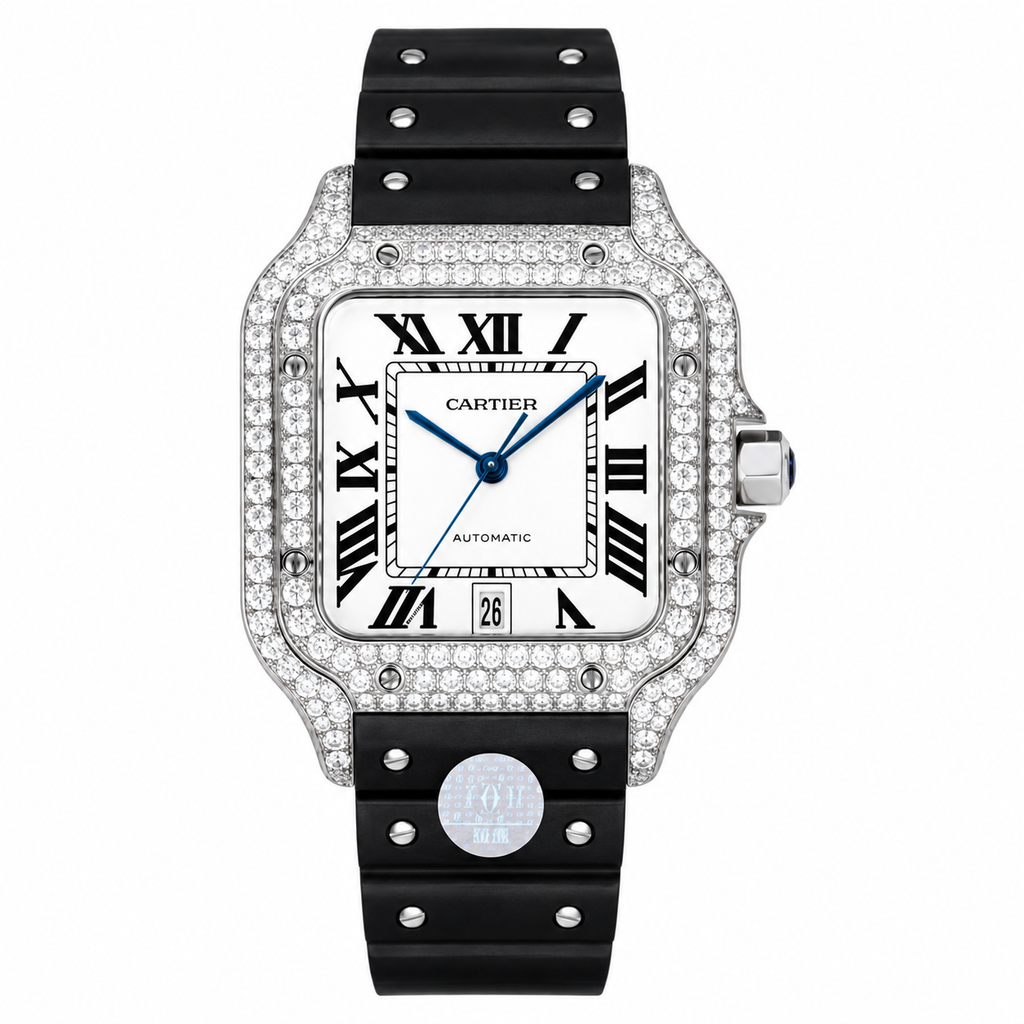 Cartier Santos de Cartier Automatic — Full Diamond Bezel, Date & Black Rubber Strap