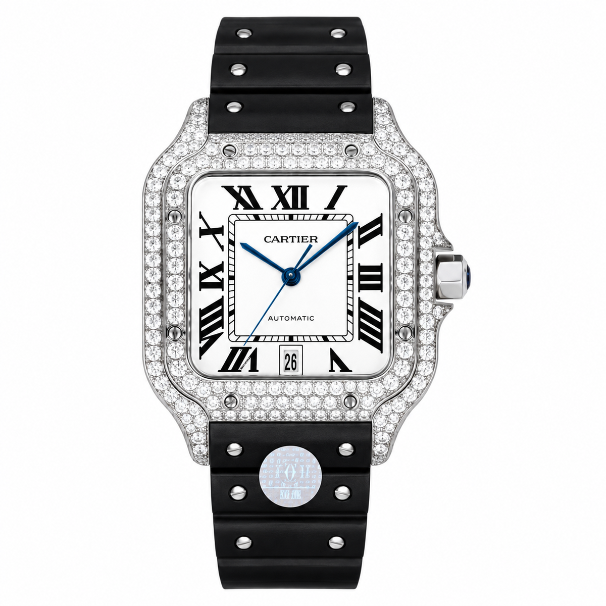 Cartier Santos de Cartier Automatic — Full Diamond Bezel, Date & Black Rubber Strap