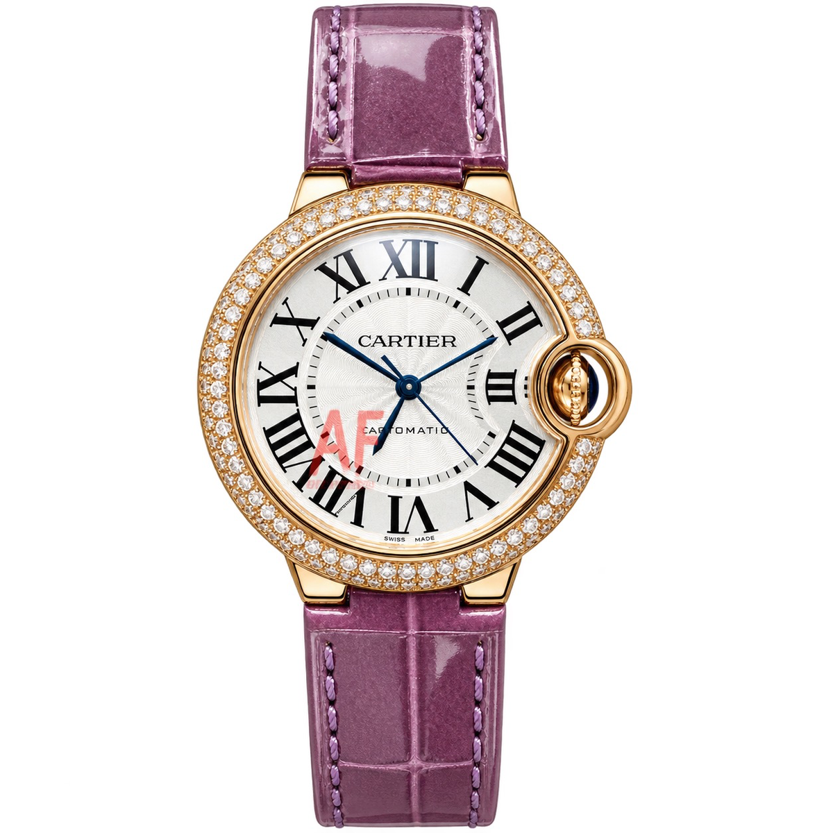 Cartier Ballon Bleu Automatic — 18K Yellow Gold, Diamond Bezel & Purple Alligator Strap