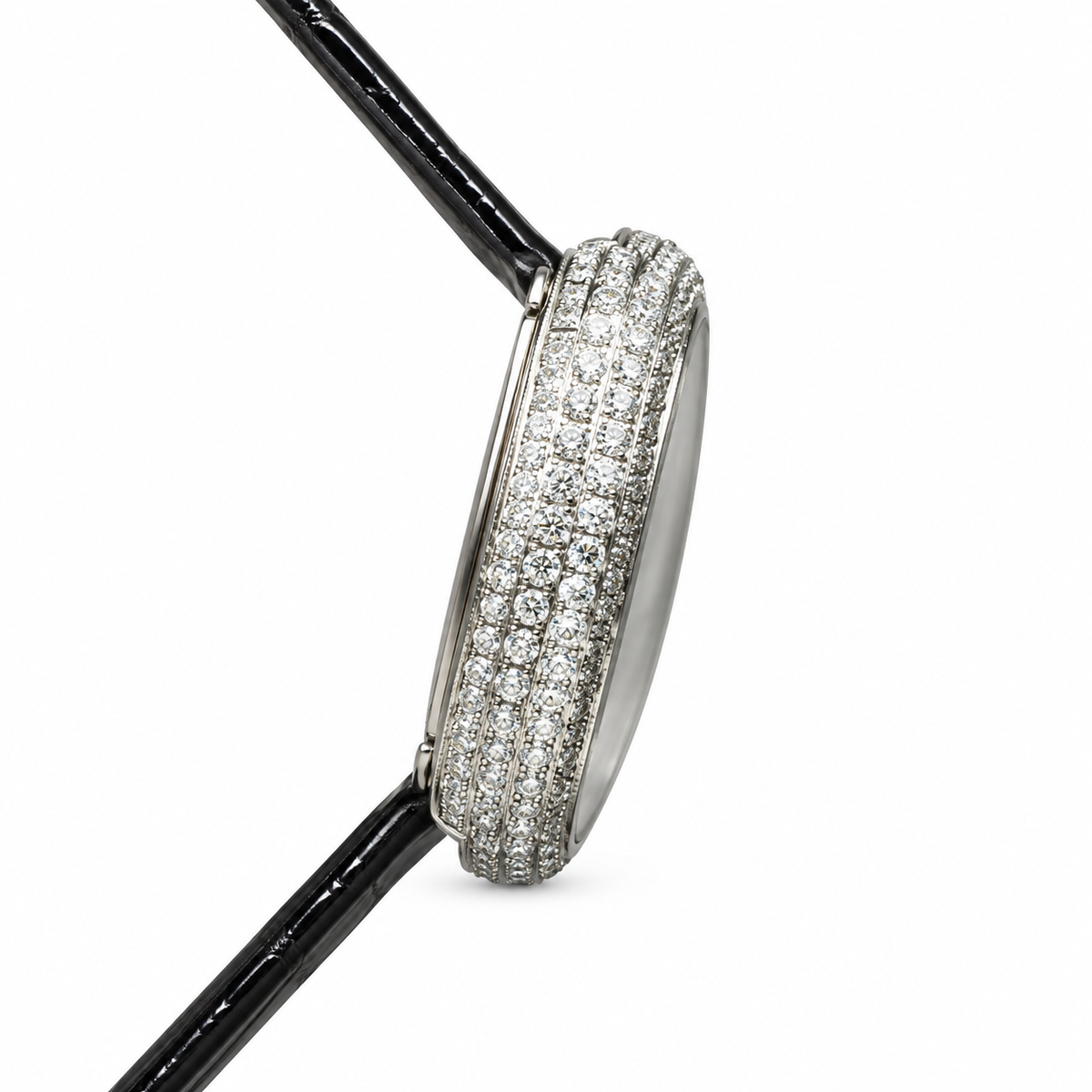 Cartier Baignoire — 18K White Gold, Double Diamond Bezel & Black Leather Strap