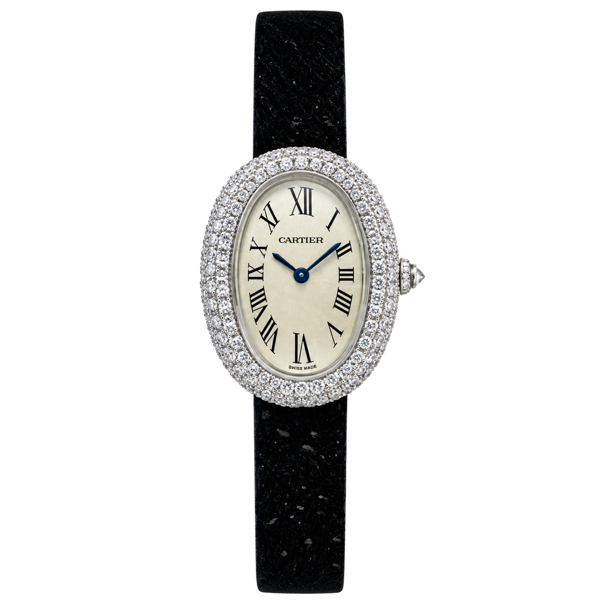 Cartier Baignoire Small — 18K White Gold, Double Diamond Bezel, Cream Oval Dial & Black Stone-Grain Strap, Women