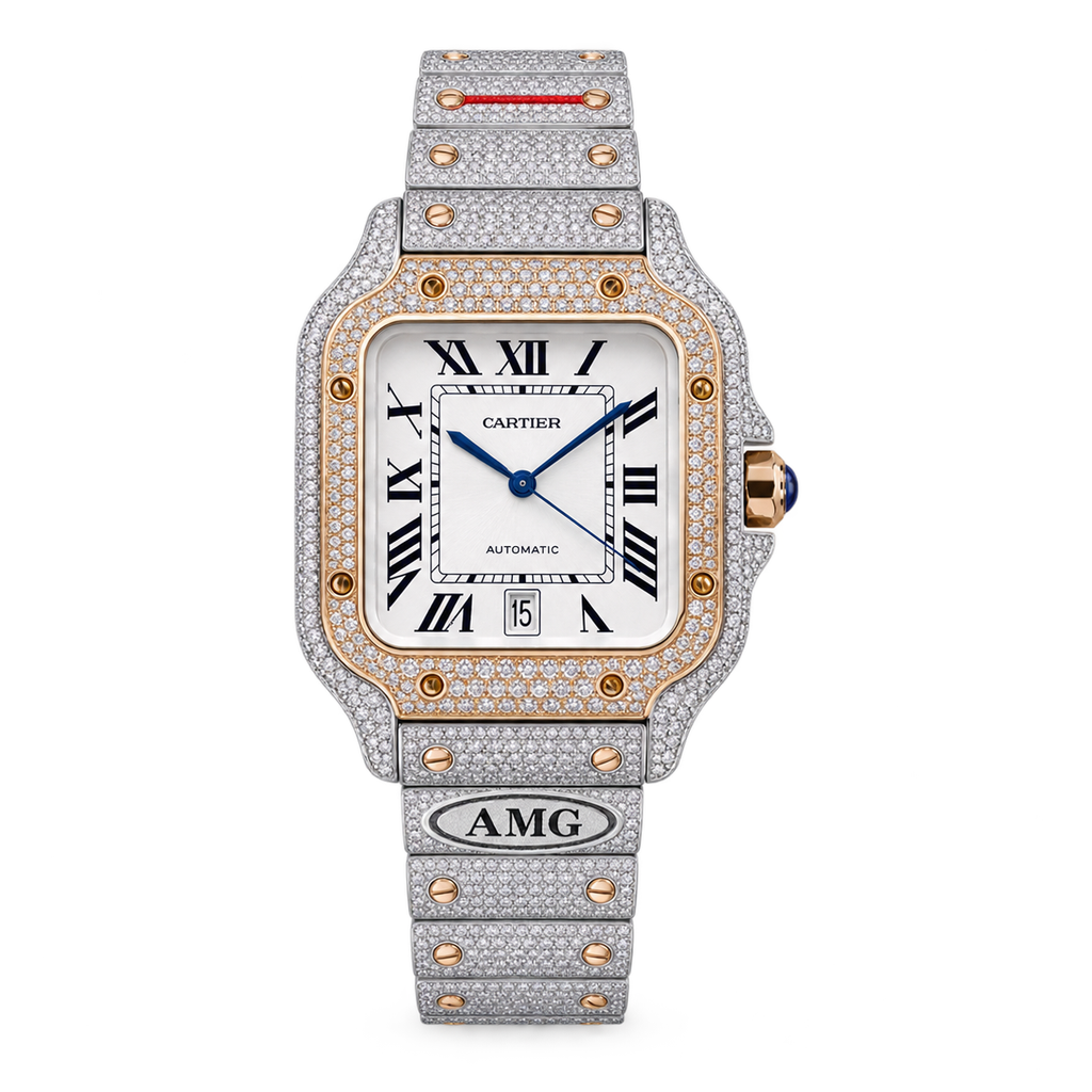 Cartier Santos Large Custom Iced Out — Two-Tone, Full Diamond Pavé, White Dial, Date, Automatic