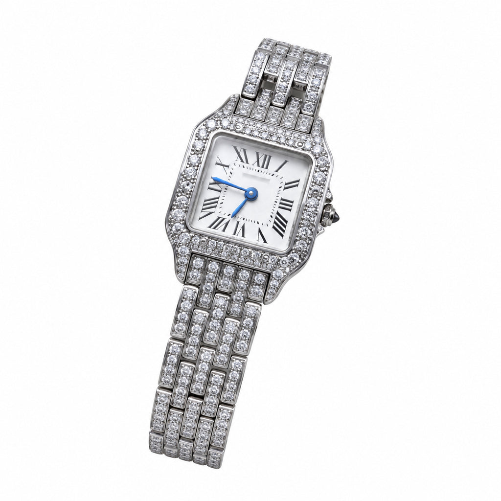 Cartier Panthère de Cartier Medium — Full Iced-Out Diamonds, White Dial, Roman Numerals & Diamond Bracelet, Women