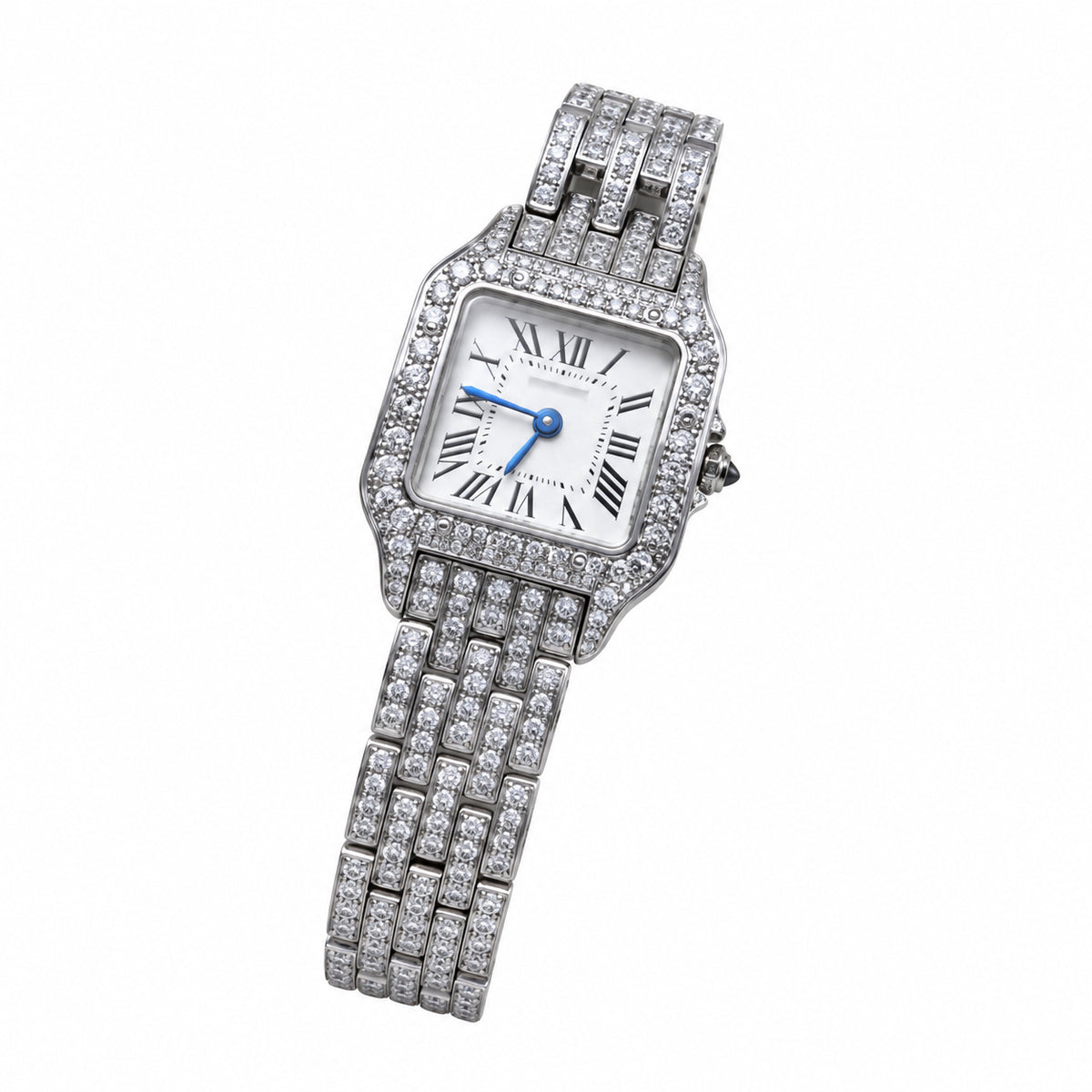 Cartier Panthère de Cartier Medium — Full Iced-Out Diamonds, White Dial, Roman Numerals & Diamond Bracelet, Women