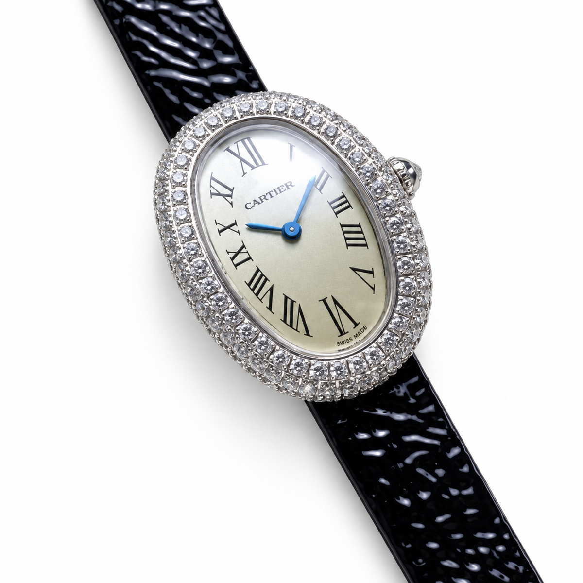Cartier Baignoire Mini — 18K White Gold, Diamond Bezel, White Dial & Black Glitter Strap, Women