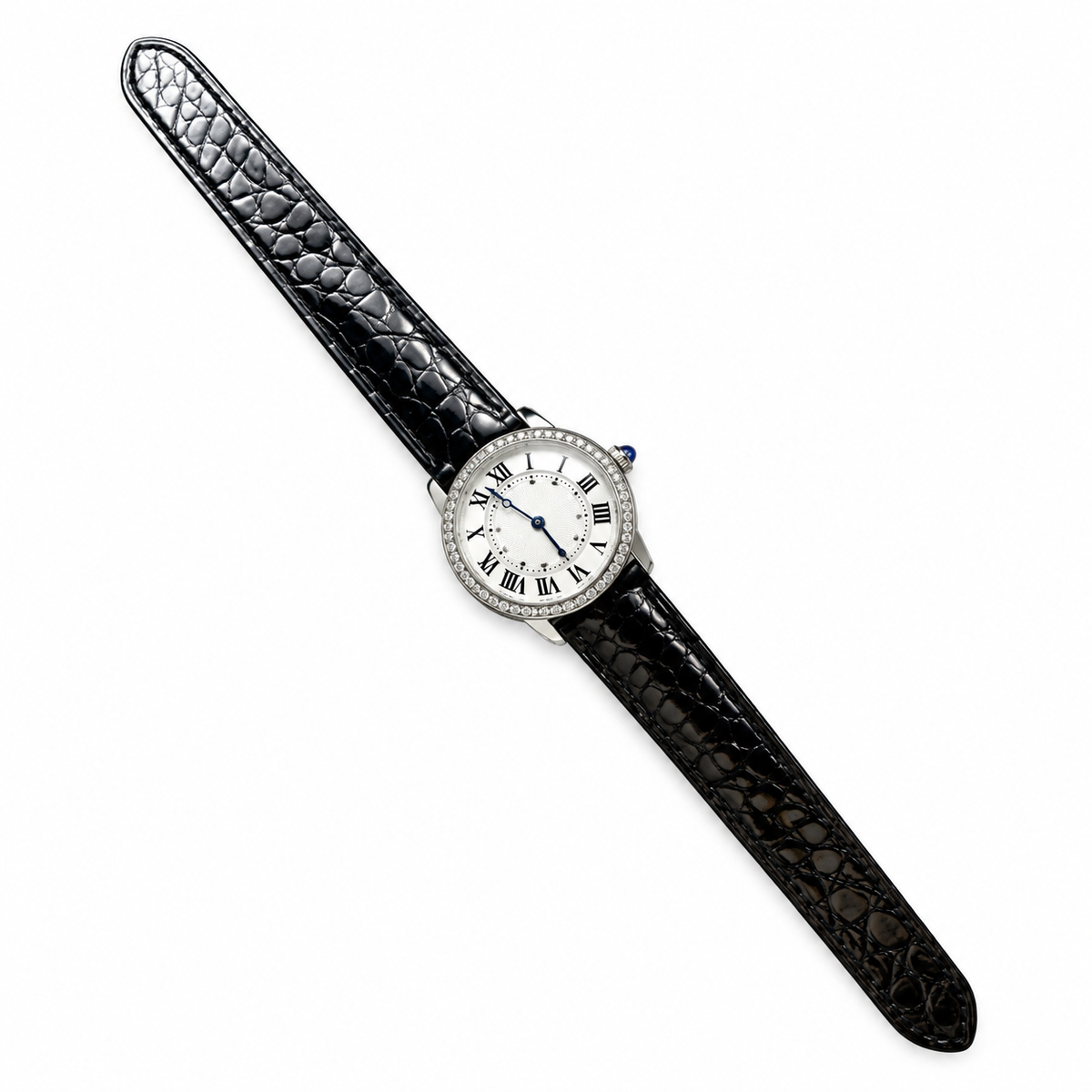 Cartier Ronde Louis Cartier — 18K White Gold, Diamond Bezel, White Dial & Black Alligator Strap, Women