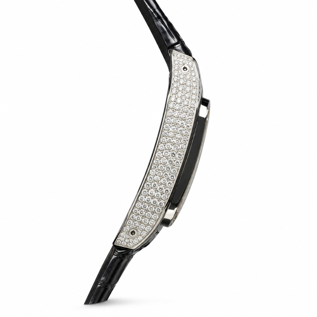 Cartier Santos — 18K White Gold, Full Diamond Case, Panthère Dial, Mother-of-Pearl & Black Alligator Strap, Quartz