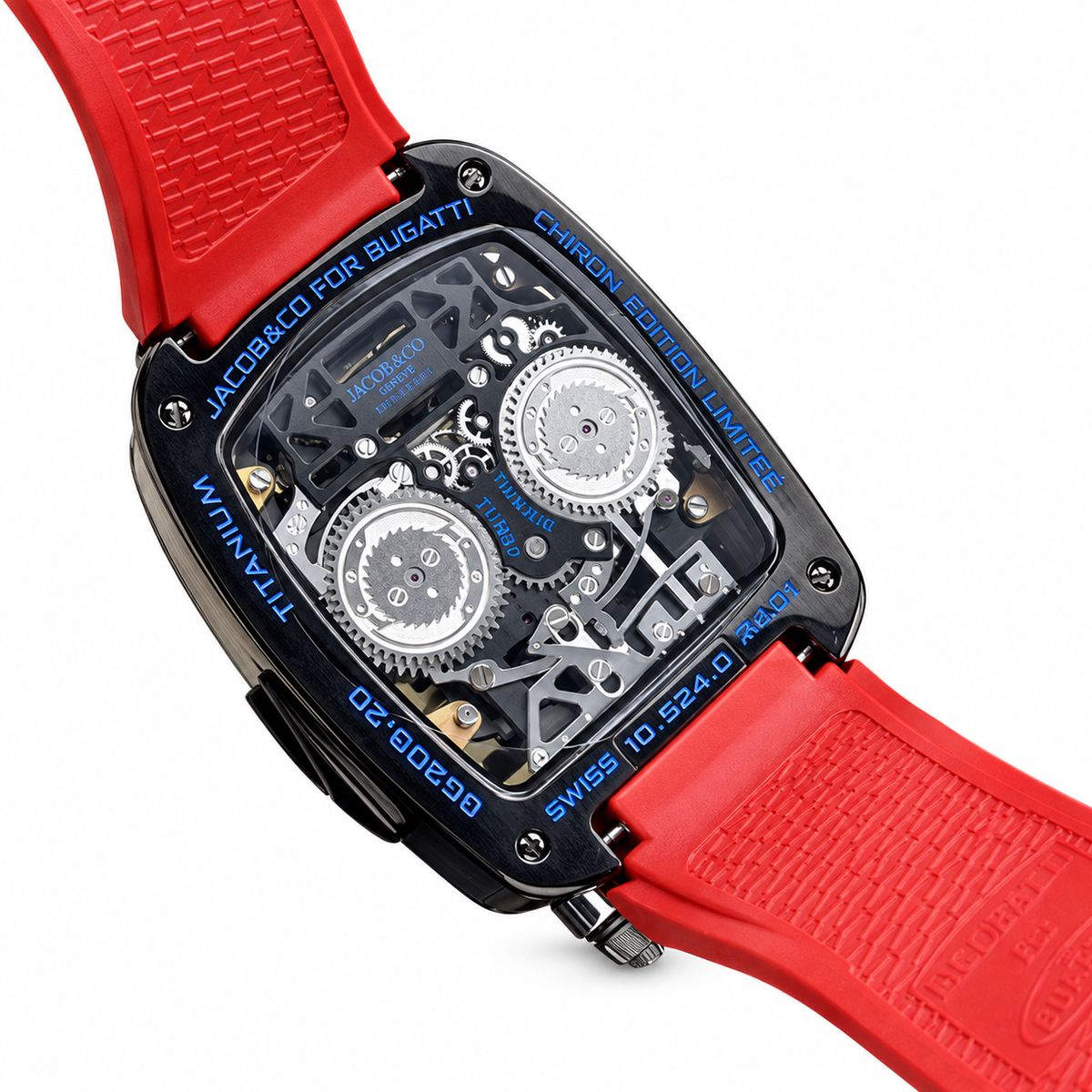Jacob & Co. x Bugatti Twin Turbo Furious Black DLC Tourbillon Engine Red Rubber Watch