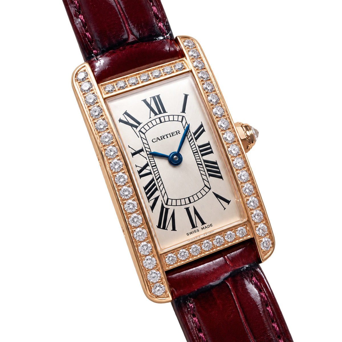 Cartier Tank Américaine Rose Gold Diamond Bezel Ladies Watch with Burgundy Leather Strap