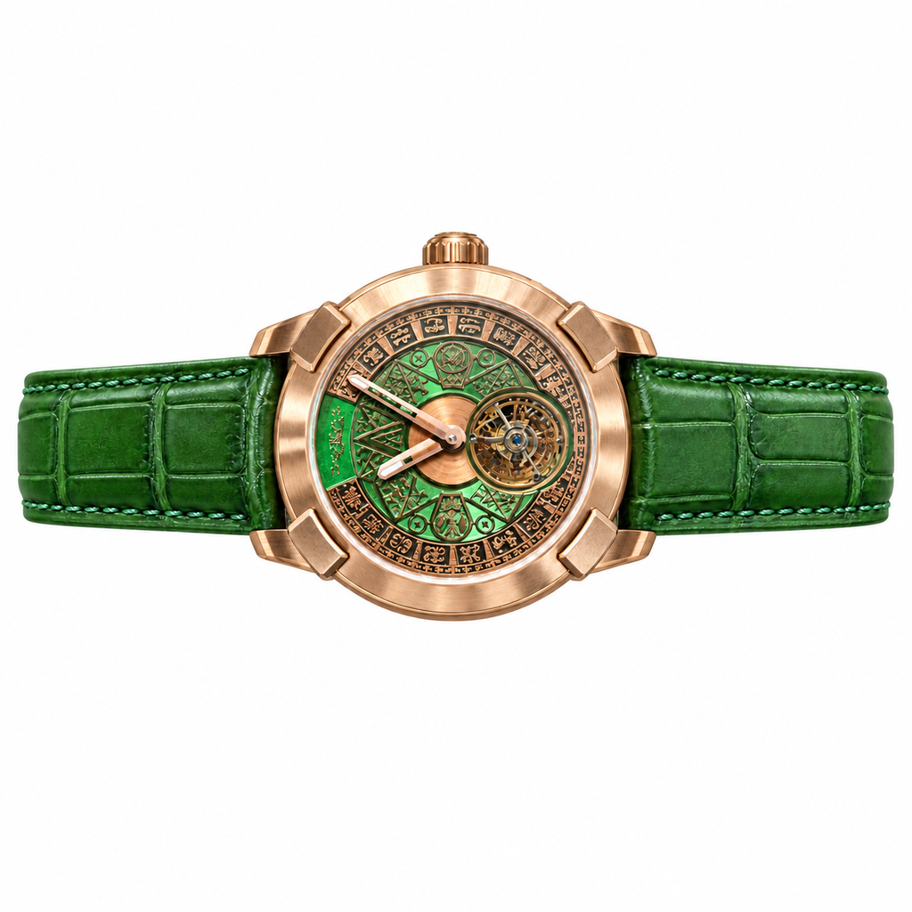 Louis Moinet Mecanograph Mayan Rose Gold Green Enamel Tourbillon Green Leather Watch