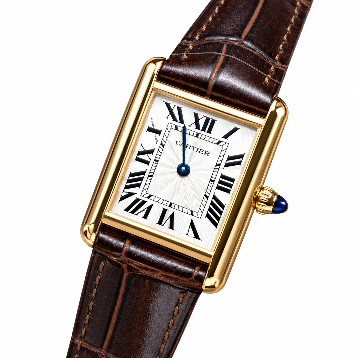 Cartier Tank Louis Cartier Small — 18K Yellow Gold, White Dial, Roman Numerals & Brown Alligator Strap, Women