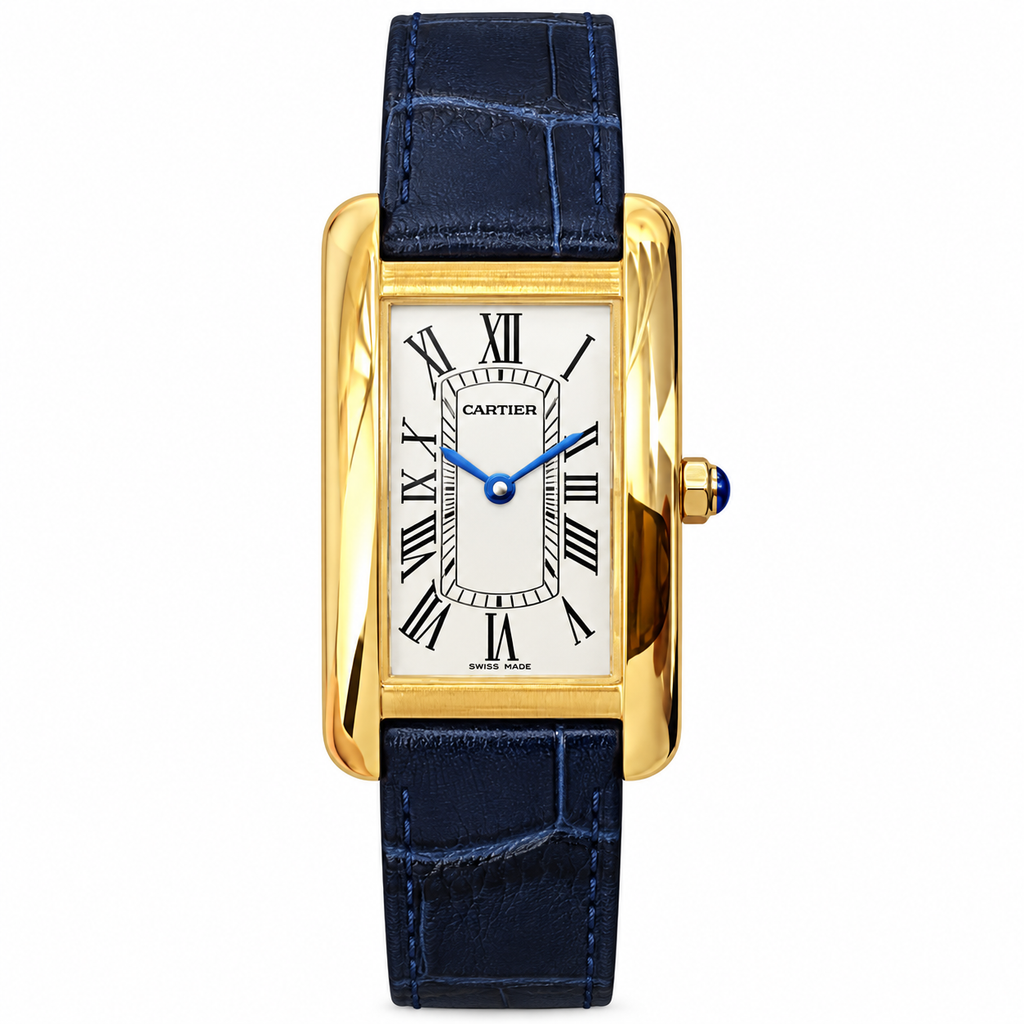 Cartier Tank Américaine — 18K Yellow Gold, Silver Dial & Navy Alligator Strap, Large