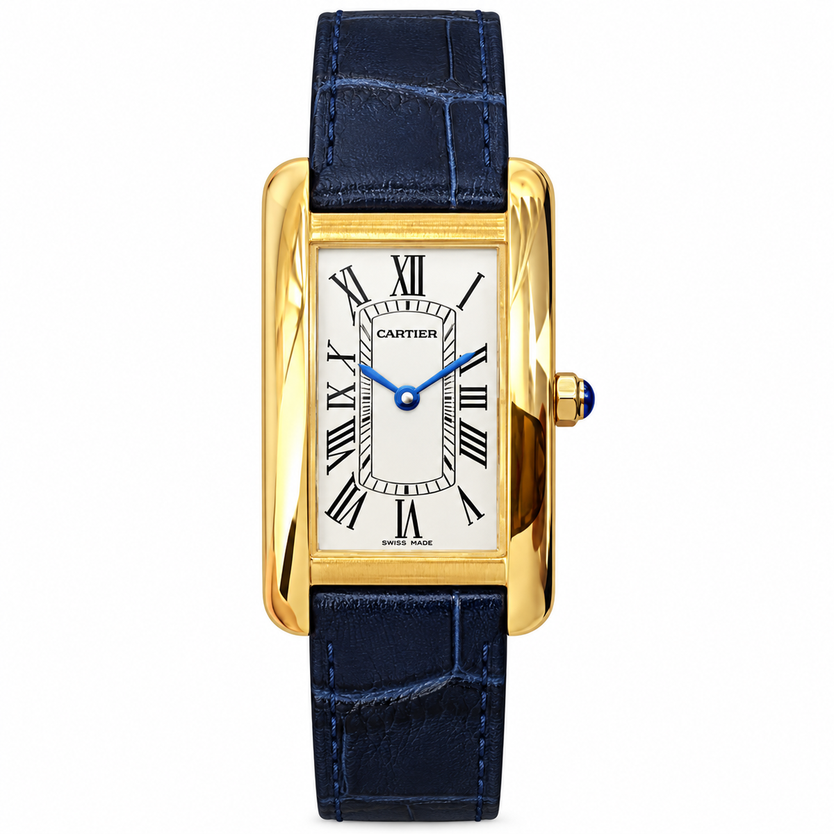 Cartier Tank Américaine — 18K Yellow Gold, Silver Dial & Navy Alligator Strap, Large