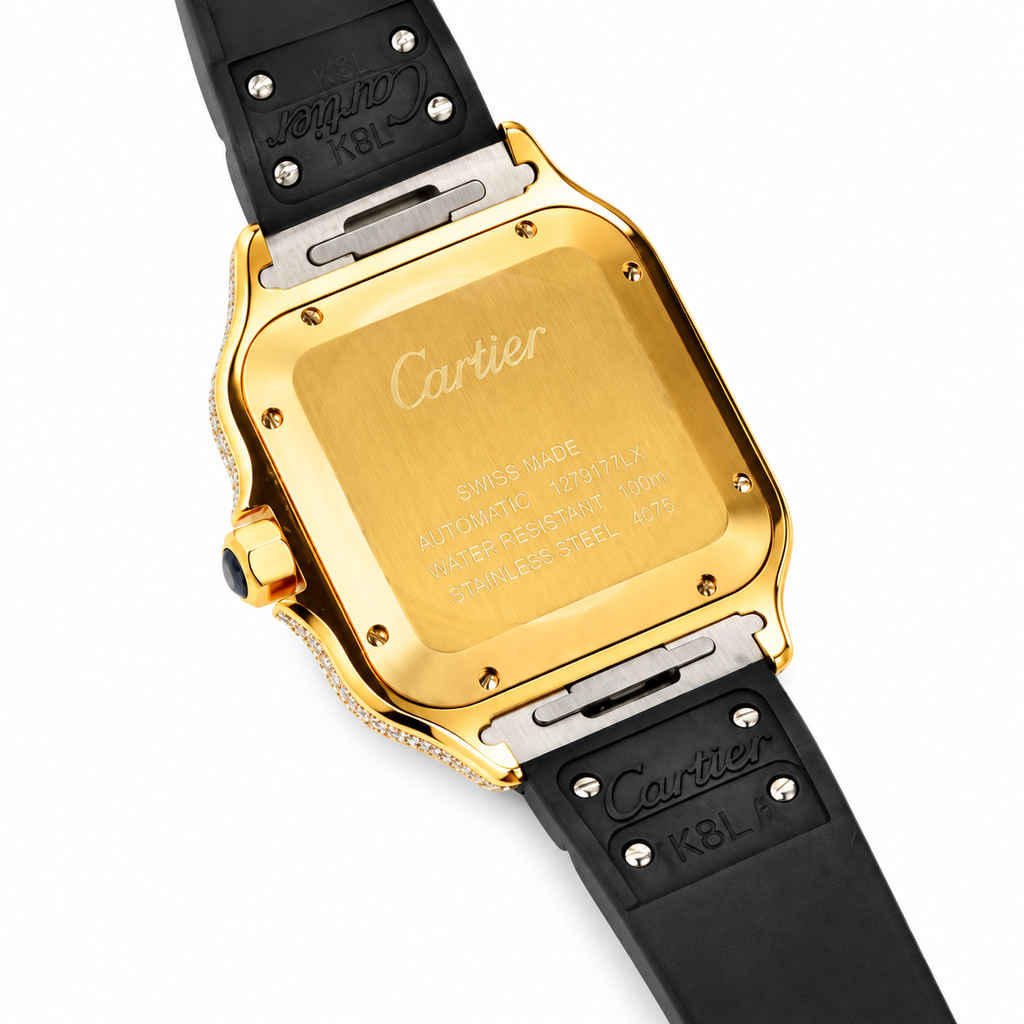 Cartier Santos de Cartier Automatic — 18K Yellow Gold, Full Diamond Bezel & Black Rubber Strap, Large