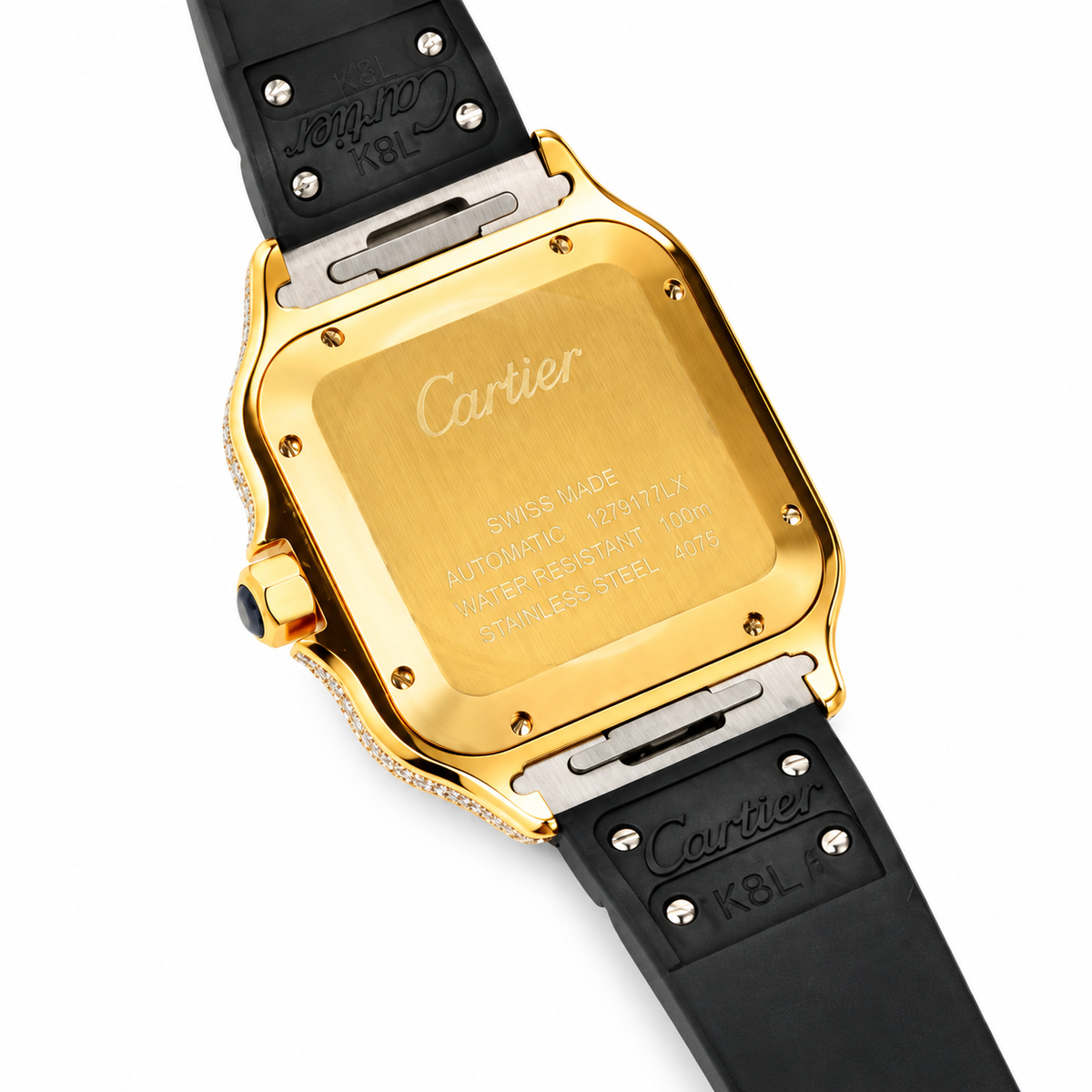 Cartier Santos de Cartier Automatic — 18K Yellow Gold, Full Diamond Bezel & Black Rubber Strap, Large