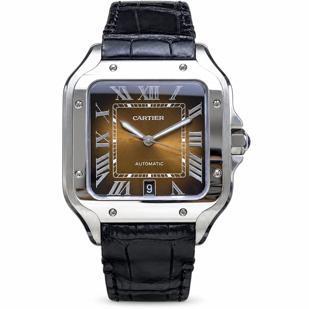 Cartier Santos de Cartier Automatic — Steel, Smoked Brown Dial & Black Alligator Strap, Large