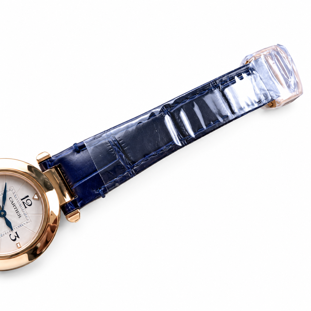 Cartier Pasha de Cartier 30mm — 18K Rose Gold, White Dial, Arabic Numerals, Date & Blue Alligator Strap, Women