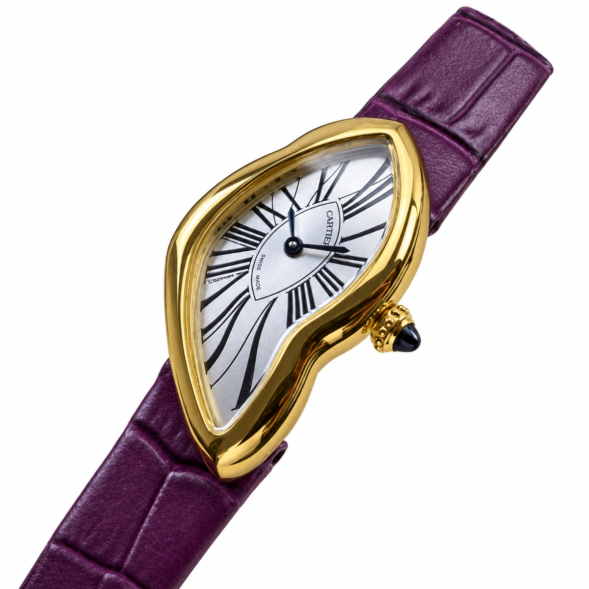 Cartier Crash — 18K Yellow Gold, Silver Dial, Roman Numerals & Purple Alligator Strap, Women