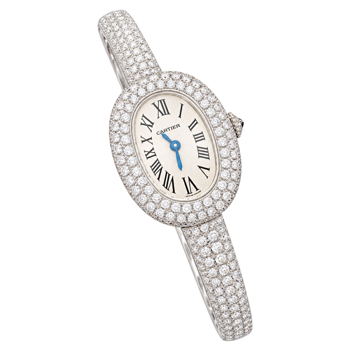 Cartier Baignoire — 18K White Gold, Full Diamond Bezel & Diamond Bangle, White Dial, Women