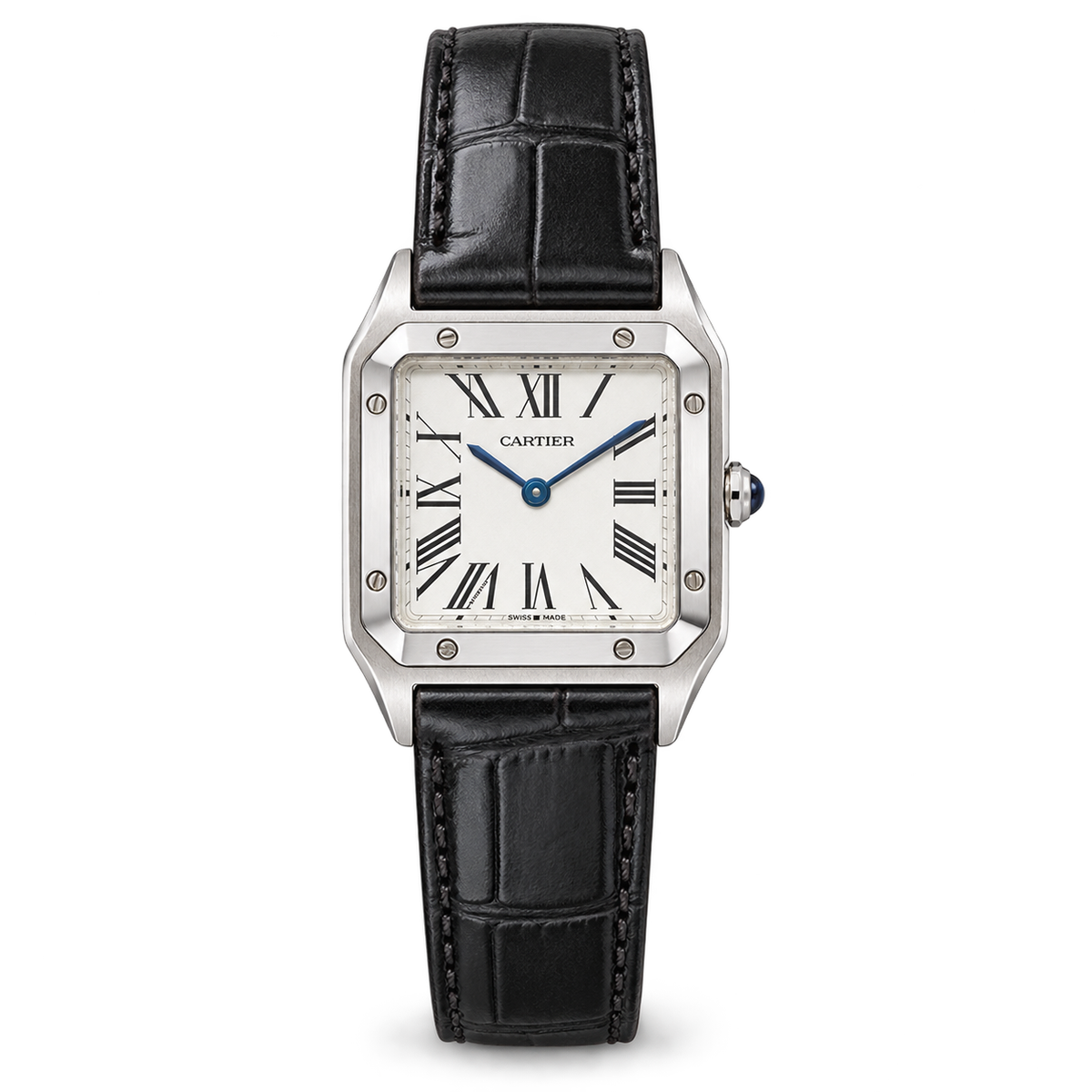 Cartier Santos-Dumont Large — Steel, Silver Dial, Roman Numerals & Black Alligator Strap, Quartz