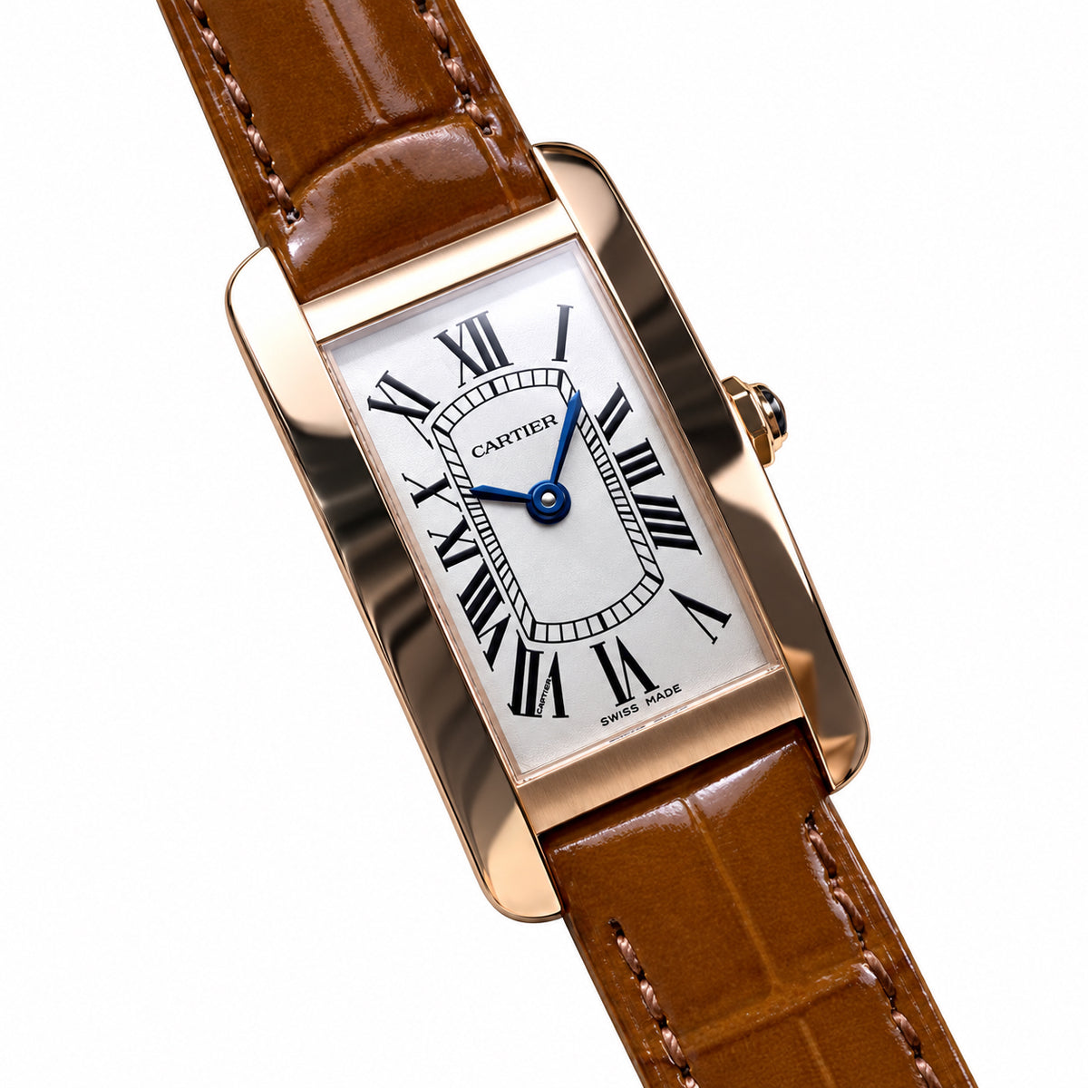 Cartier Tank Américaine Small — 18K Rose Gold, Silver Dial, Roman Numerals & Brown Alligator Strap, Women