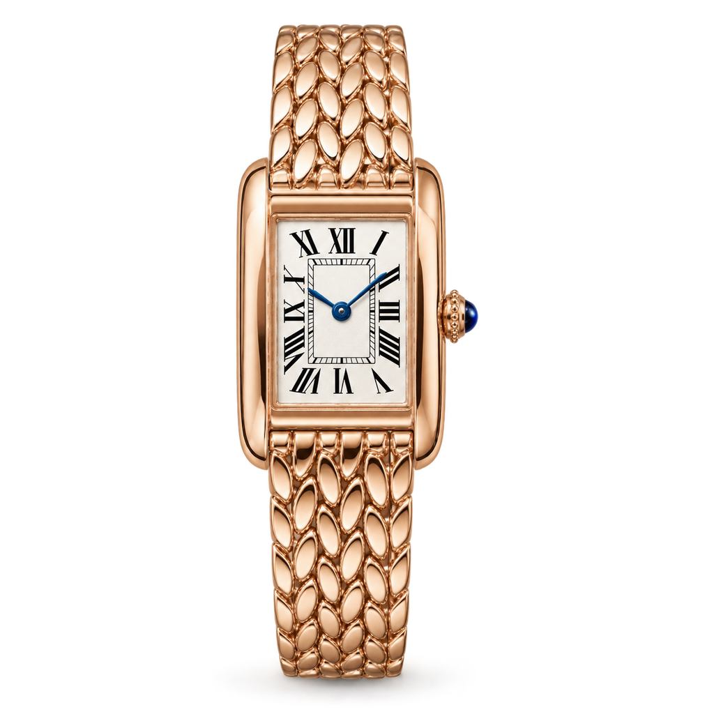 Cartier Tank Américaine Small — 18K Rose Gold, Silver Dial, Roman Numerals & Rose Gold Mesh Bracelet, Women