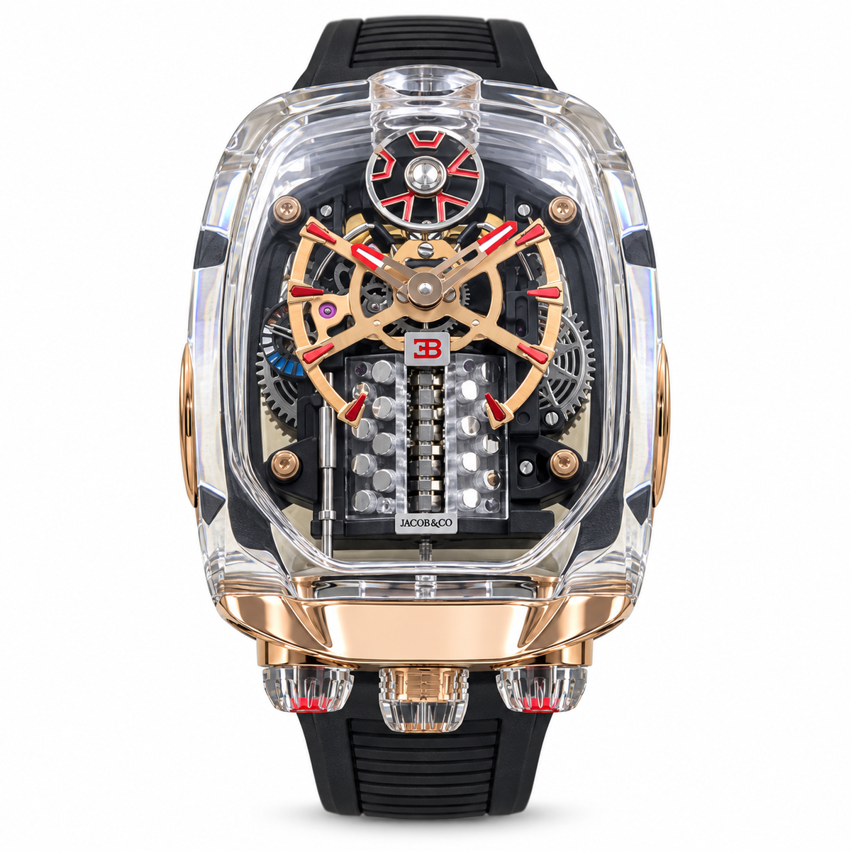 Jacob & Co. x Bugatti Chiron Clear Sapphire Rose Gold Tourbillon Black Rubber Watch