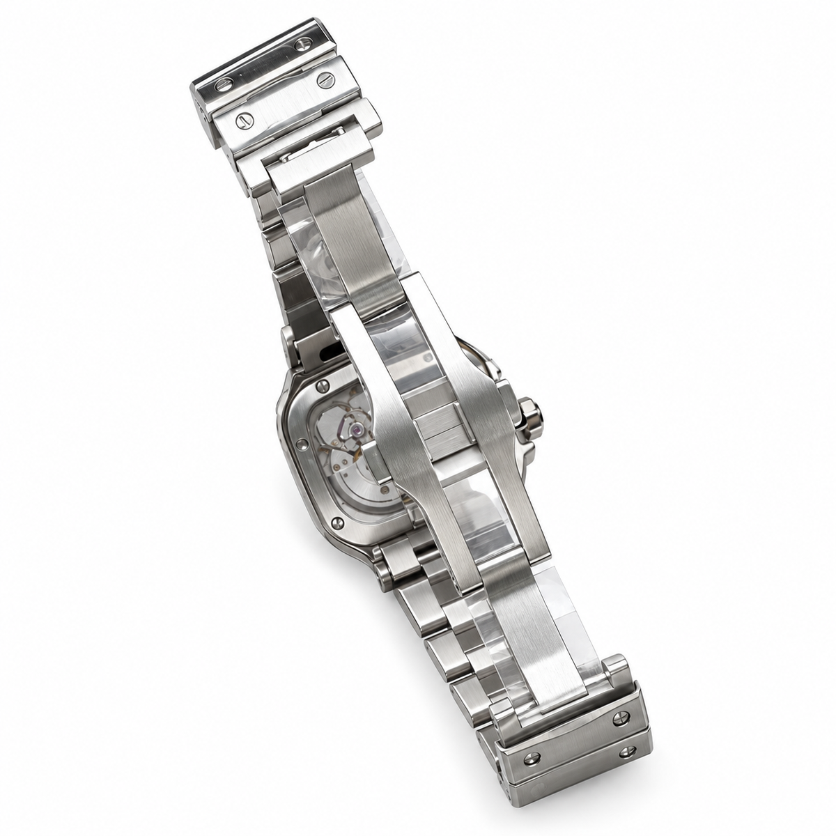 Cartier Santos Skeleton Blue ADLC Bezel Steel Bracelet Watch – KDY