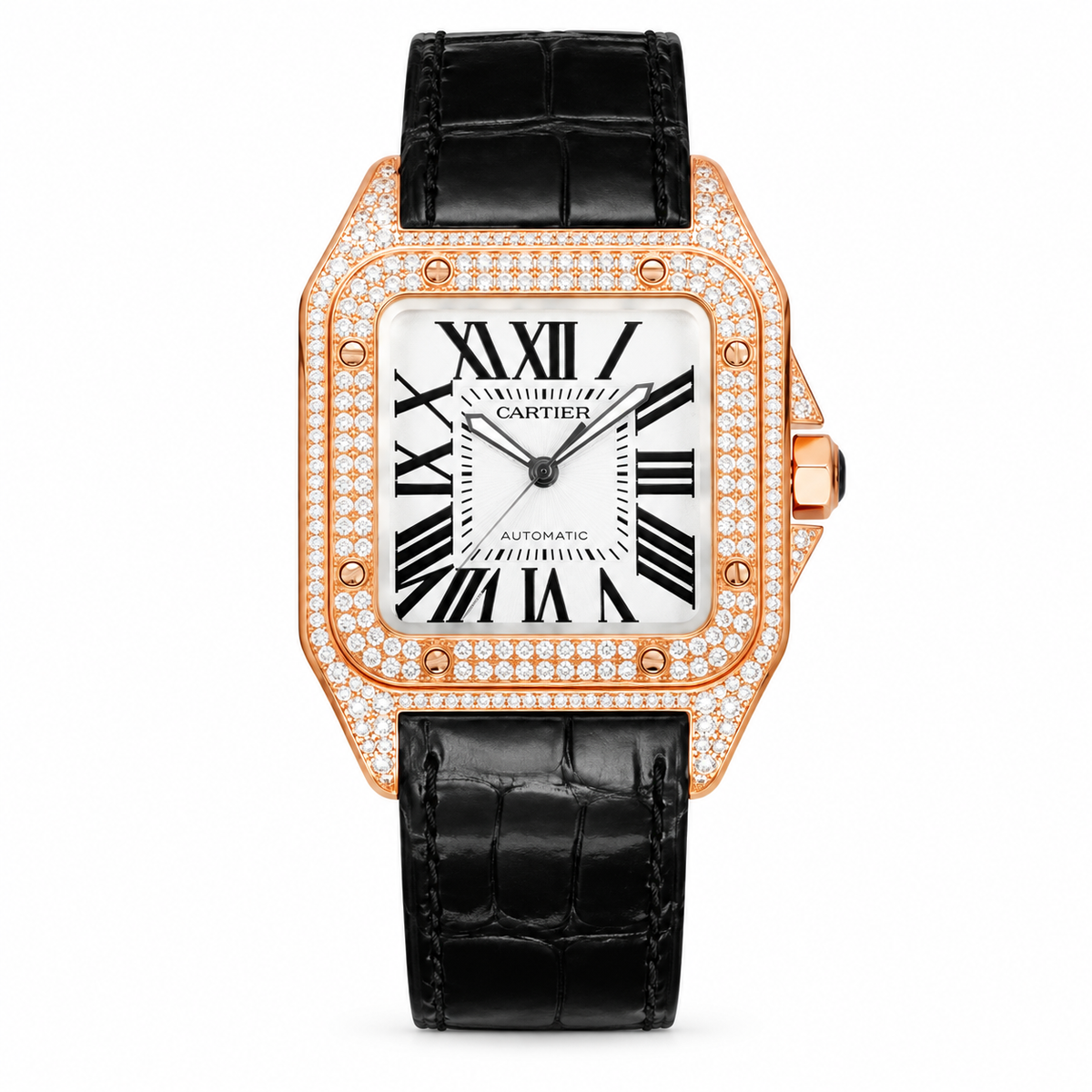 Cartier Santos de Cartier Automatic — 18K Rose Gold, Full Diamond Bezel & Black Strap