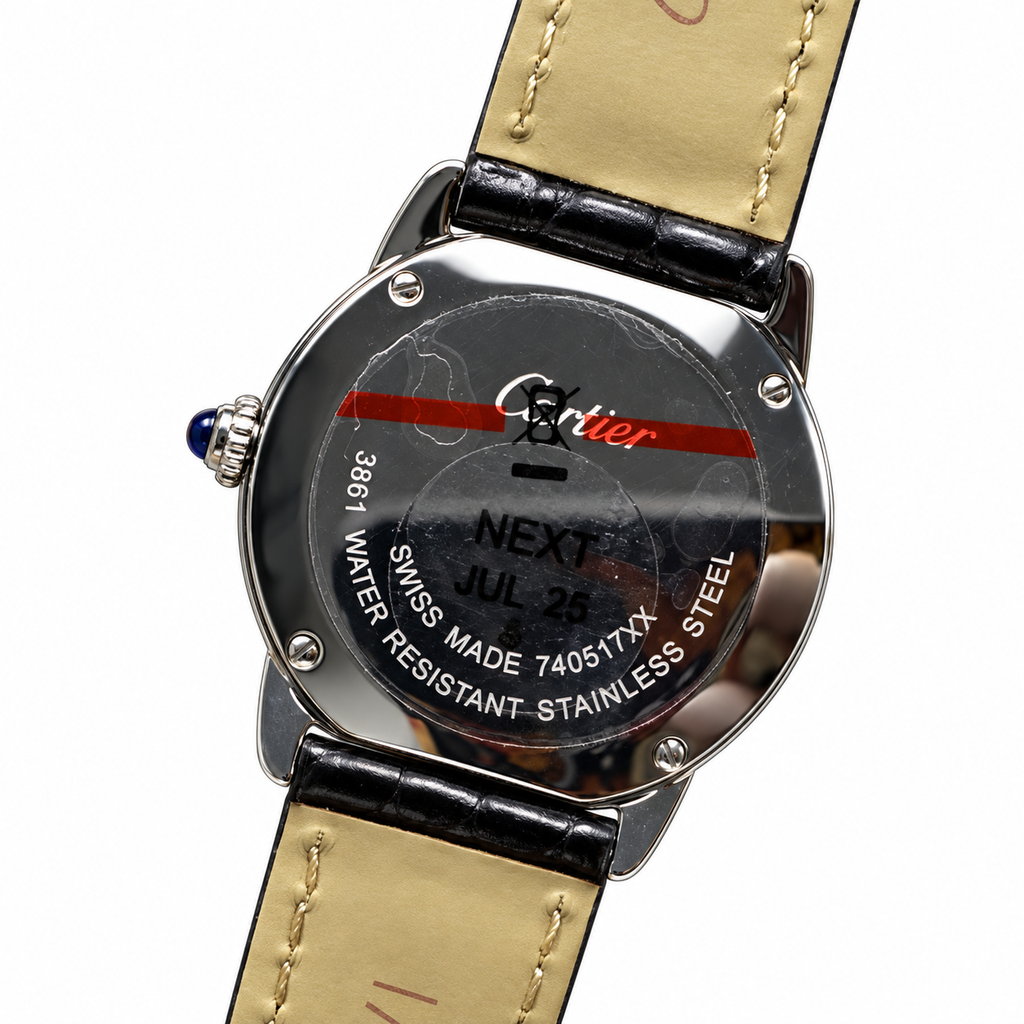 Cartier Ronde Louis Diamond Bezel White Dial Black Strap Watch – KDY