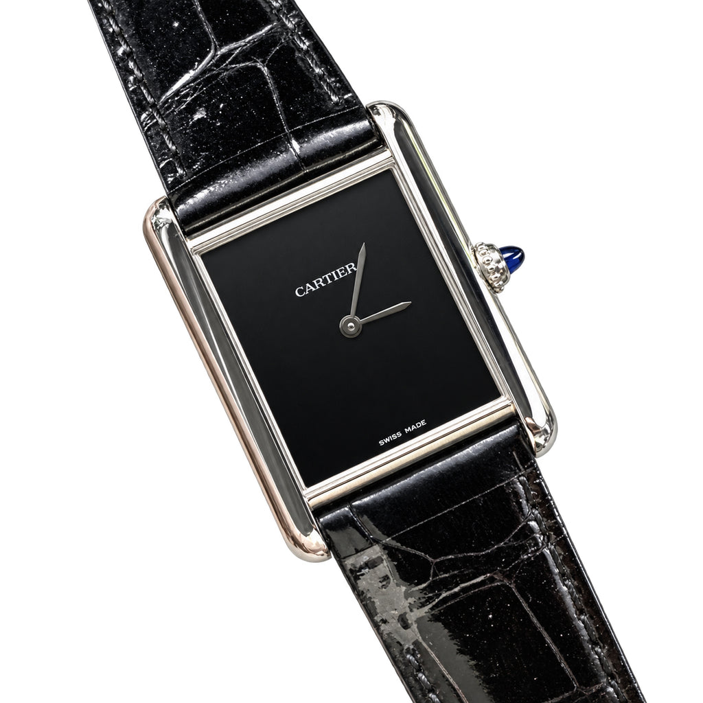 Cartier Tank Must Large — Steel, Black Lacquer Dial, No Numerals & Black Alligator Strap, Quartz