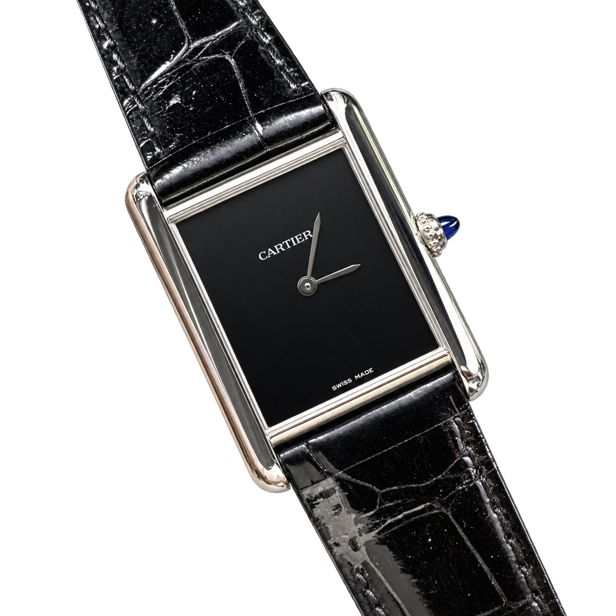Cartier Tank Must Large — Steel, Black Lacquer Dial, No Numerals & Black Alligator Strap, Quartz