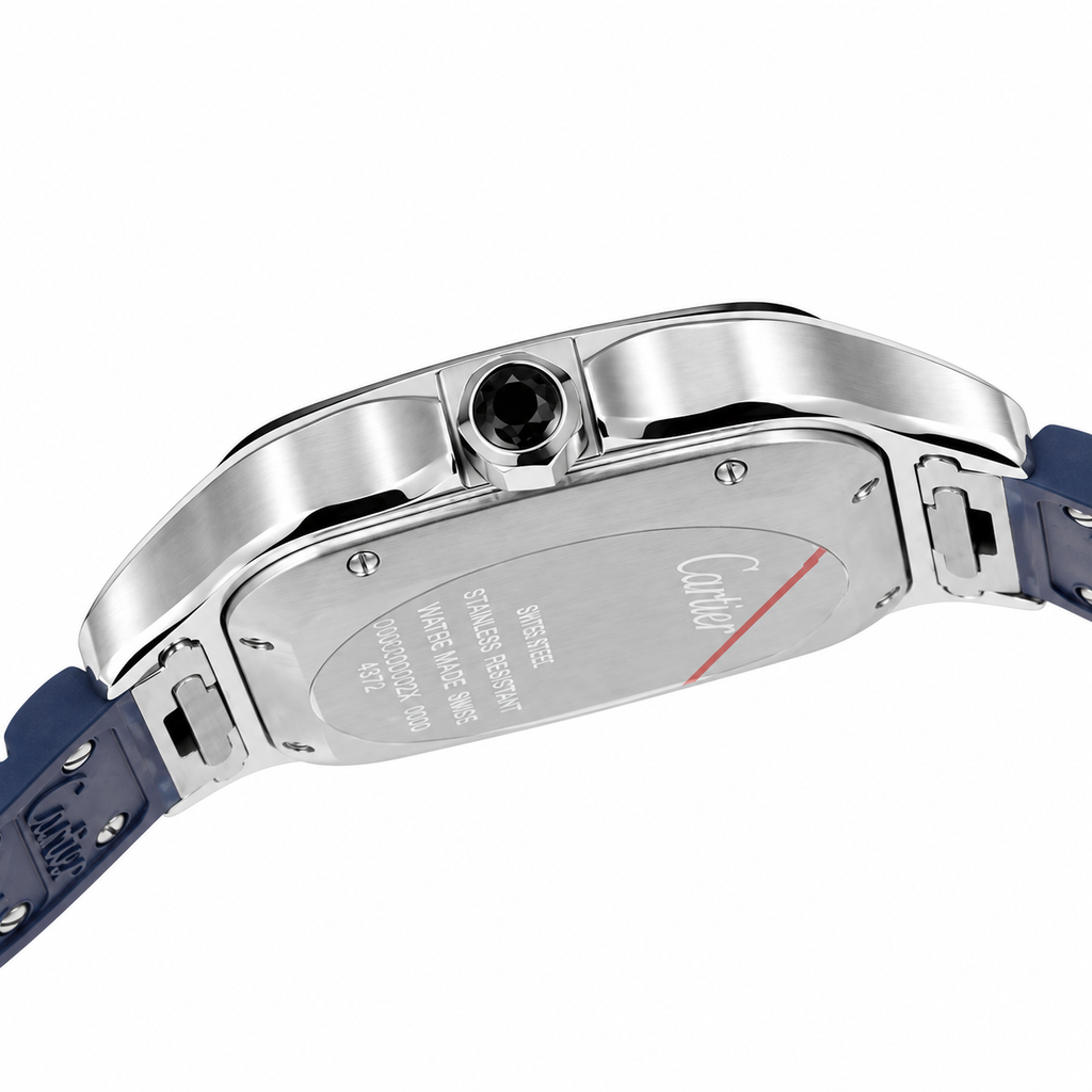 Cartier Santos Large — Steel, Black Dial, Arabic Numerals, Date & Navy Rubber Strap, Automatic