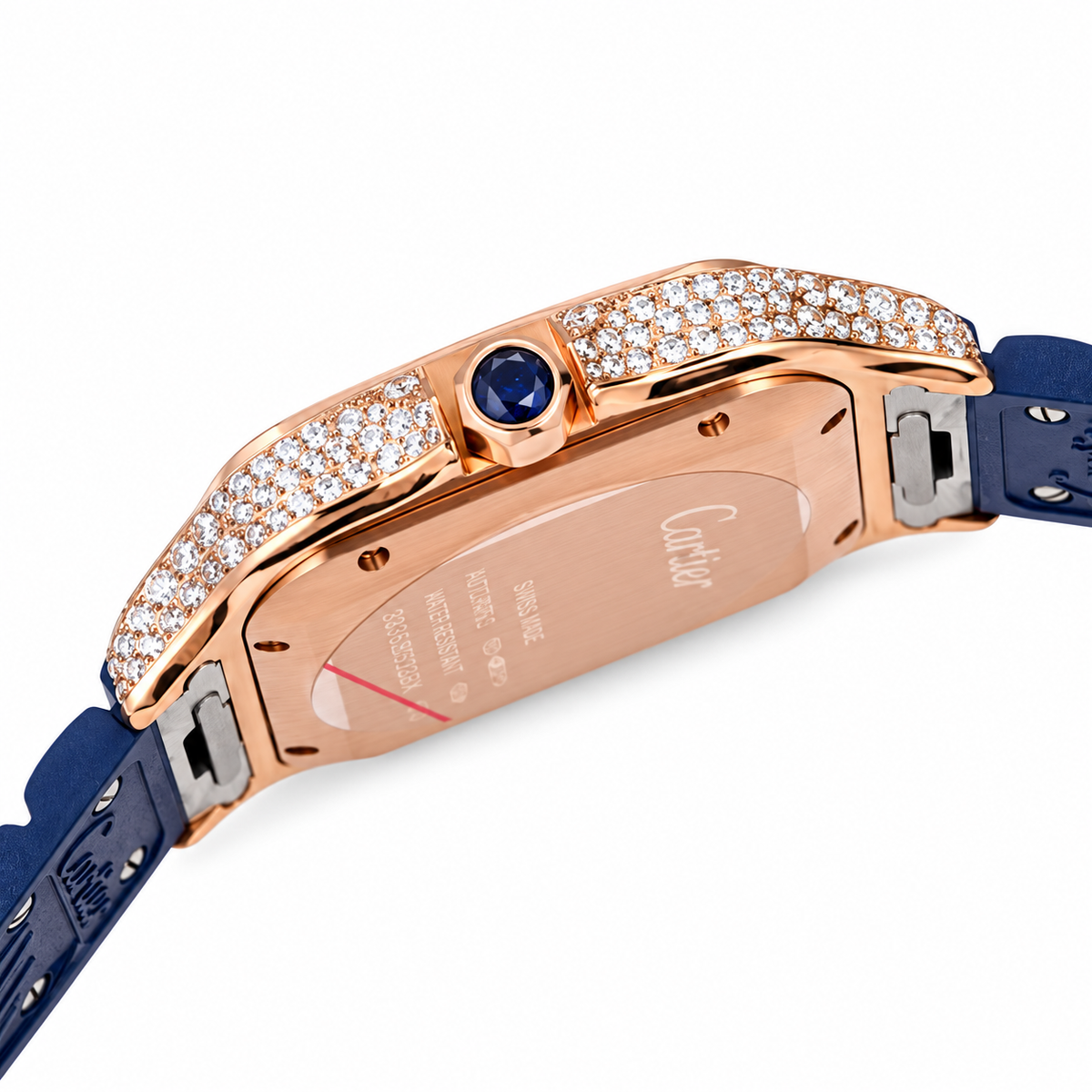 Cartier Santos de Cartier Automatic — 18K Rose Gold, Full Diamond Bezel, Grey Arabic Dial & Navy Rubber Strap, Large