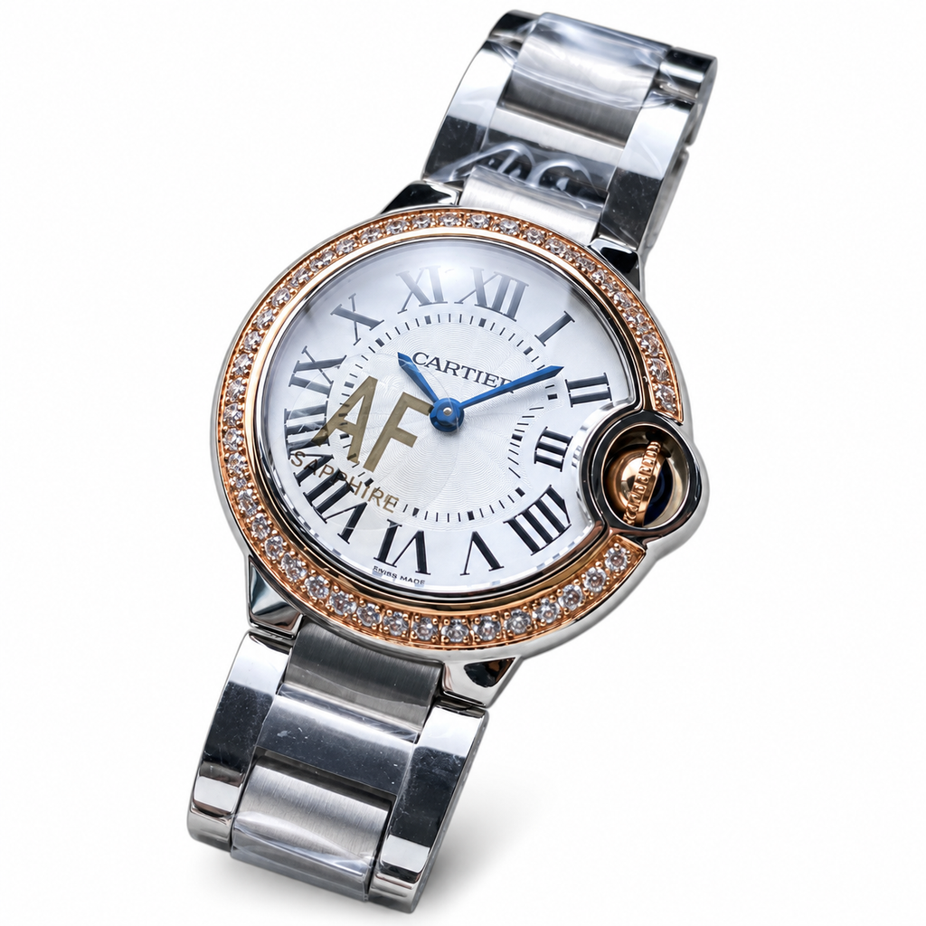 Cartier Ballon Bleu 28mm — Steel & Rose Gold, Diamond Bezel, White Dial, Roman Numerals & Steel Bracelet, Women