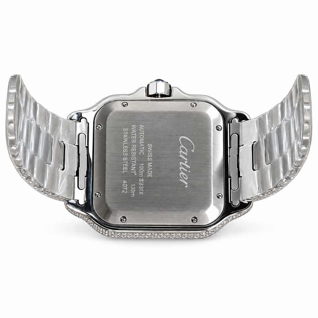 Cartier Santos de Cartier Large — Steel, Full Iced-Out Diamonds, Arabic Numeral Pavé Dial, Date & Diamond Bracelet, Automatic