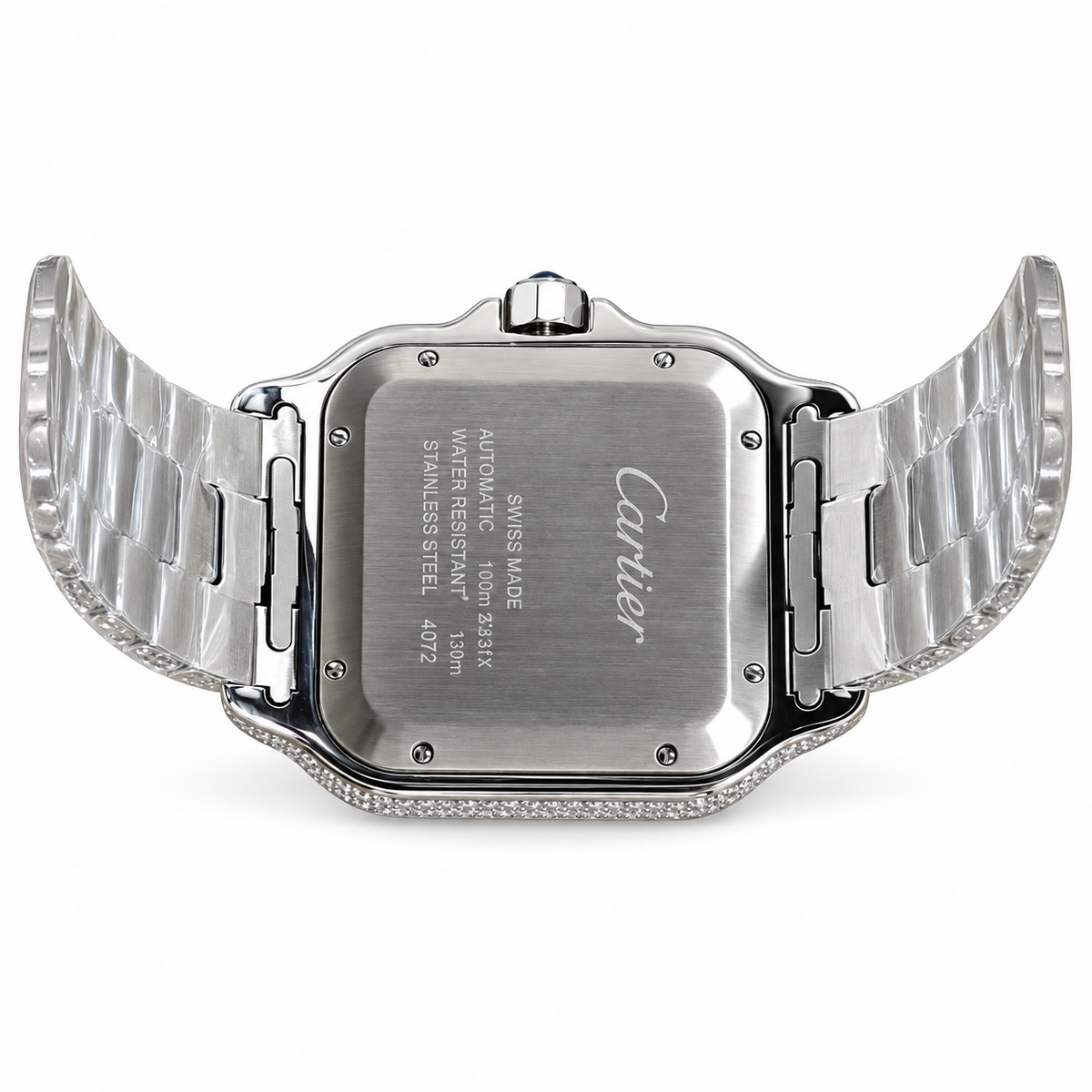 Cartier Santos de Cartier Large — Steel, Full Iced-Out Diamonds, Arabic Numeral Pavé Dial, Date & Diamond Bracelet, Automatic