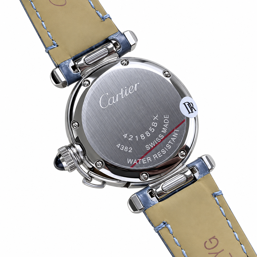 Cartier Pasha de Cartier 30mm — Two-Tone Steel & Rose Gold, White Dial & Blue Alligator Strap, Women