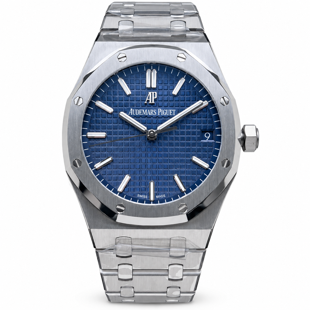 Audemars Piguet Royal Oak Selfwinding 41mm Stainless Steel Royal Blue Petite Tapisserie Dial White Gold Indexes Luminescent Hands AP Monogram Date Integrated Bracelet
