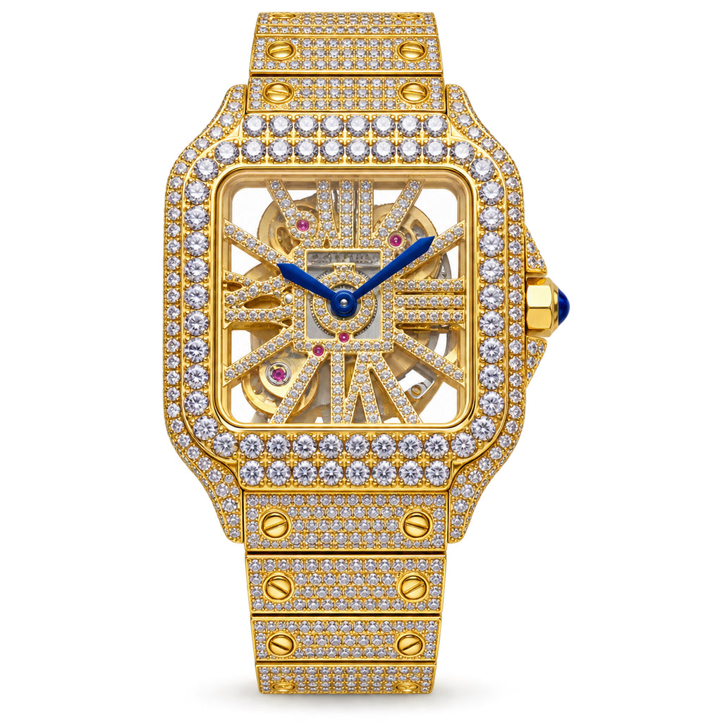 Cartier Santos 18K Yellow Gold Full Pavé Diamond Skeleton Dial Iced Out Integrated Bracelet Watch