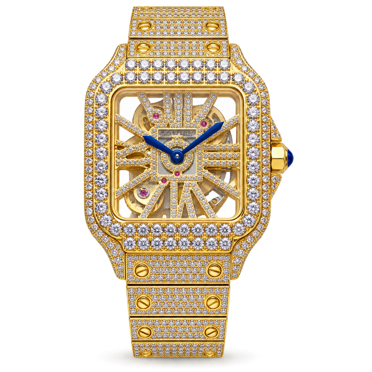 Cartier Santos 18K Yellow Gold Full Pavé Diamond Skeleton Dial Iced Out Integrated Bracelet Watch