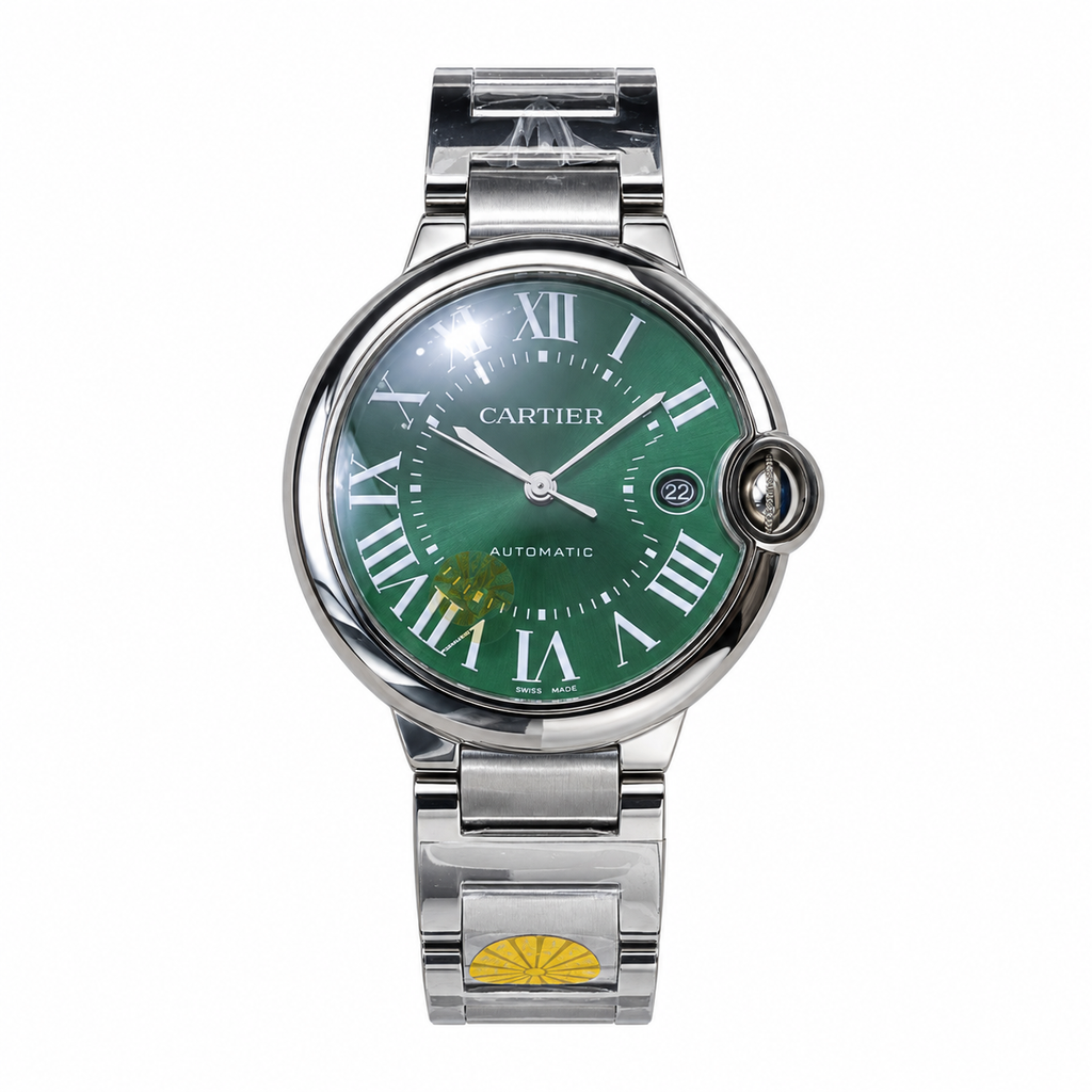 Cartier Ballon Bleu 42mm — Steel, Green Dial, Roman Numerals, Date & Steel Bracelet, Automatic