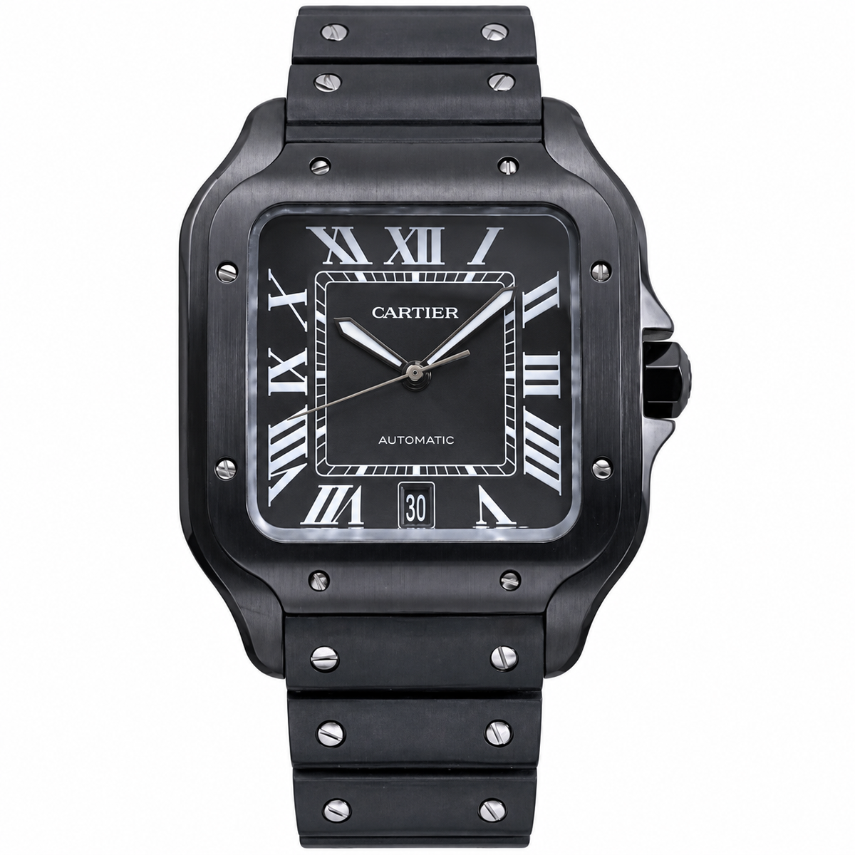 Cartier Santos Large Steel ADLC Full Black Dial Date Automatic Bracelet Watch – KDY