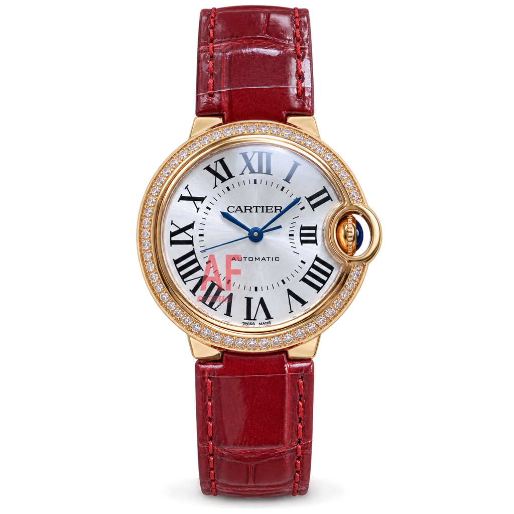 Cartier Ballon Bleu 18K Rose Gold Diamond Bezel Mother-of-Pearl Dial Red Alligator Watch