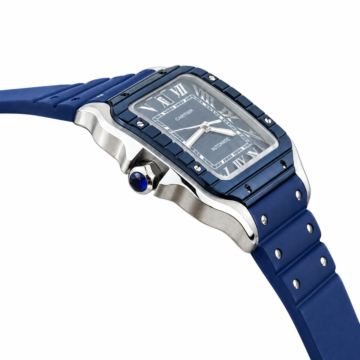 Cartier Santos de Cartier Large — Steel & Blue ADLC, Blue Dial, Roman Numerals, Date & Blue Rubber Strap, Automatic